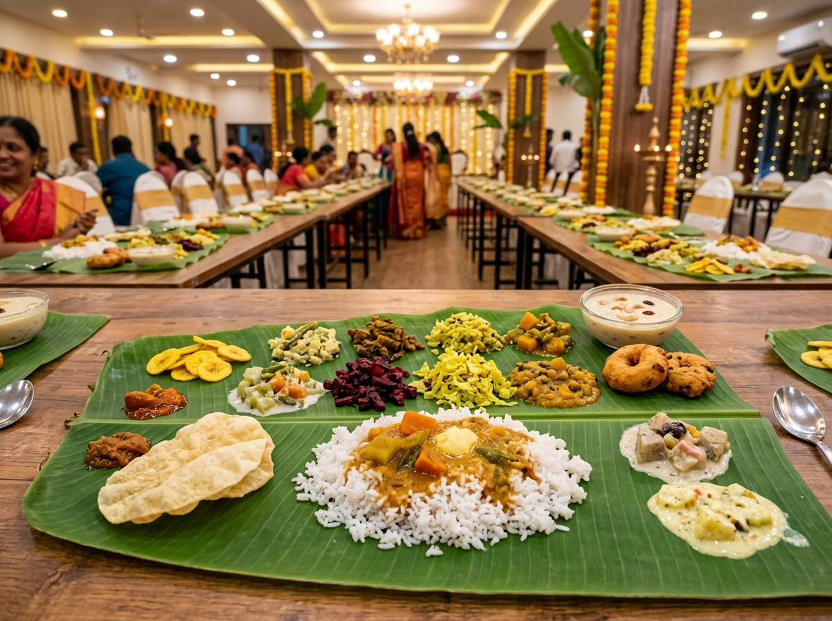 Authentic South Indian wedding banana leaf sadhya feast with traditional curries and delicacies