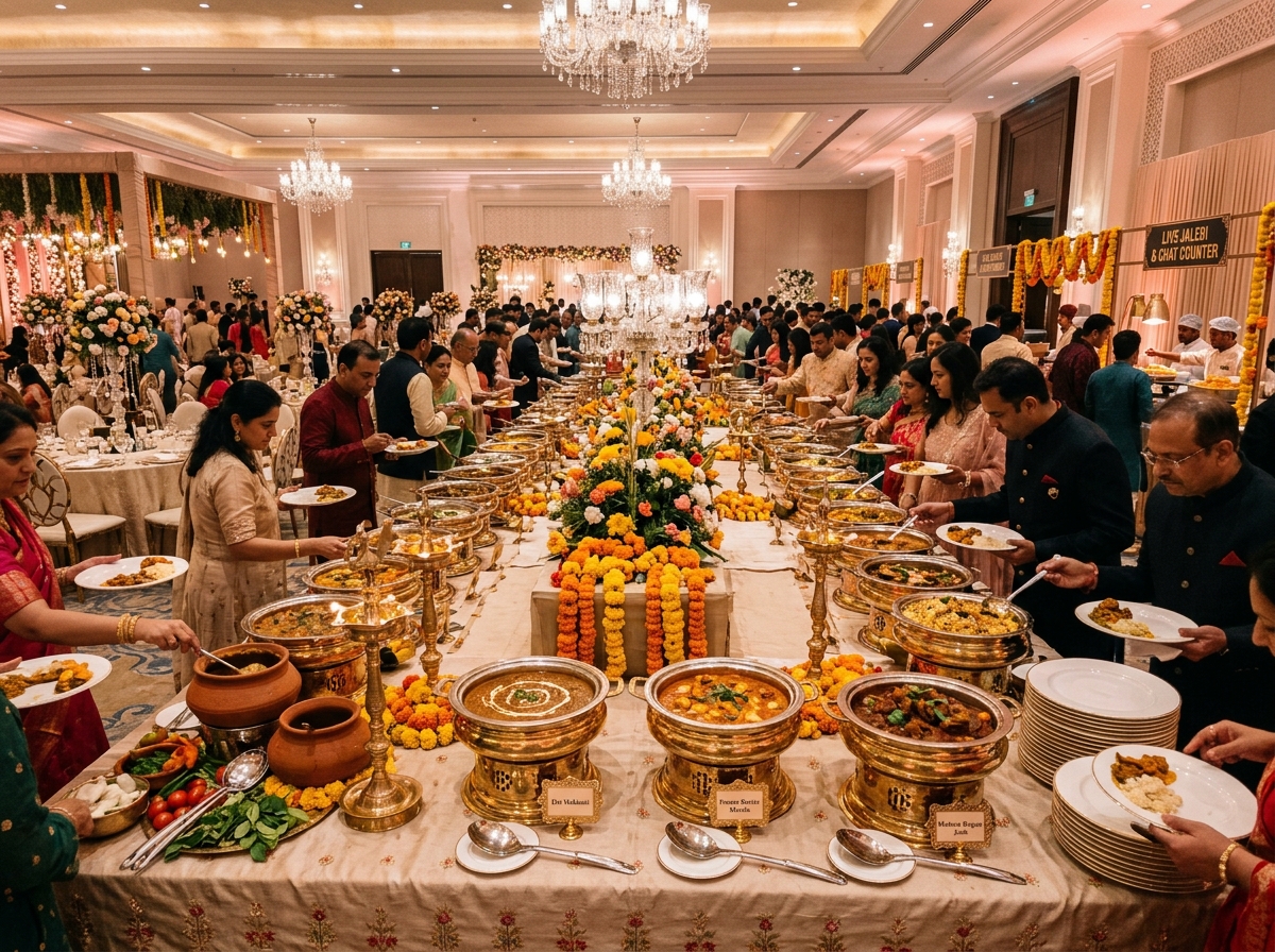 Grand wedding catering buffet setup in luxury banquet hall with brass chafing dishes and floral decor