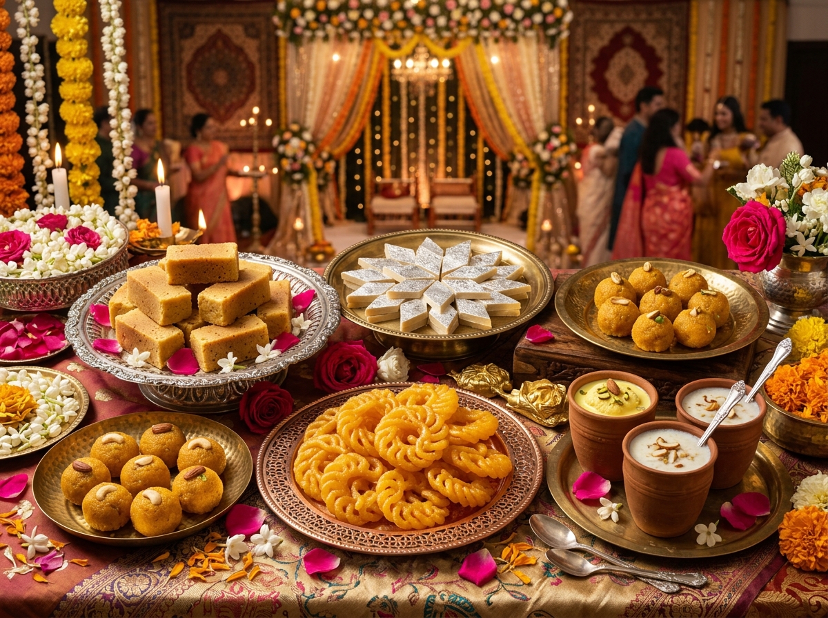 Assorted traditional Indian sweets beautifully arranged in a premium gift box