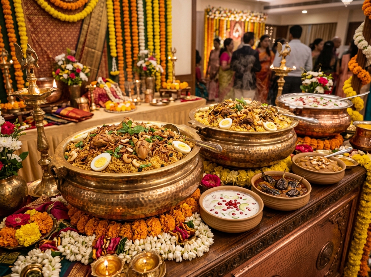 Steaming hot wedding biryani served in traditional brass and copper handis with accompaniments