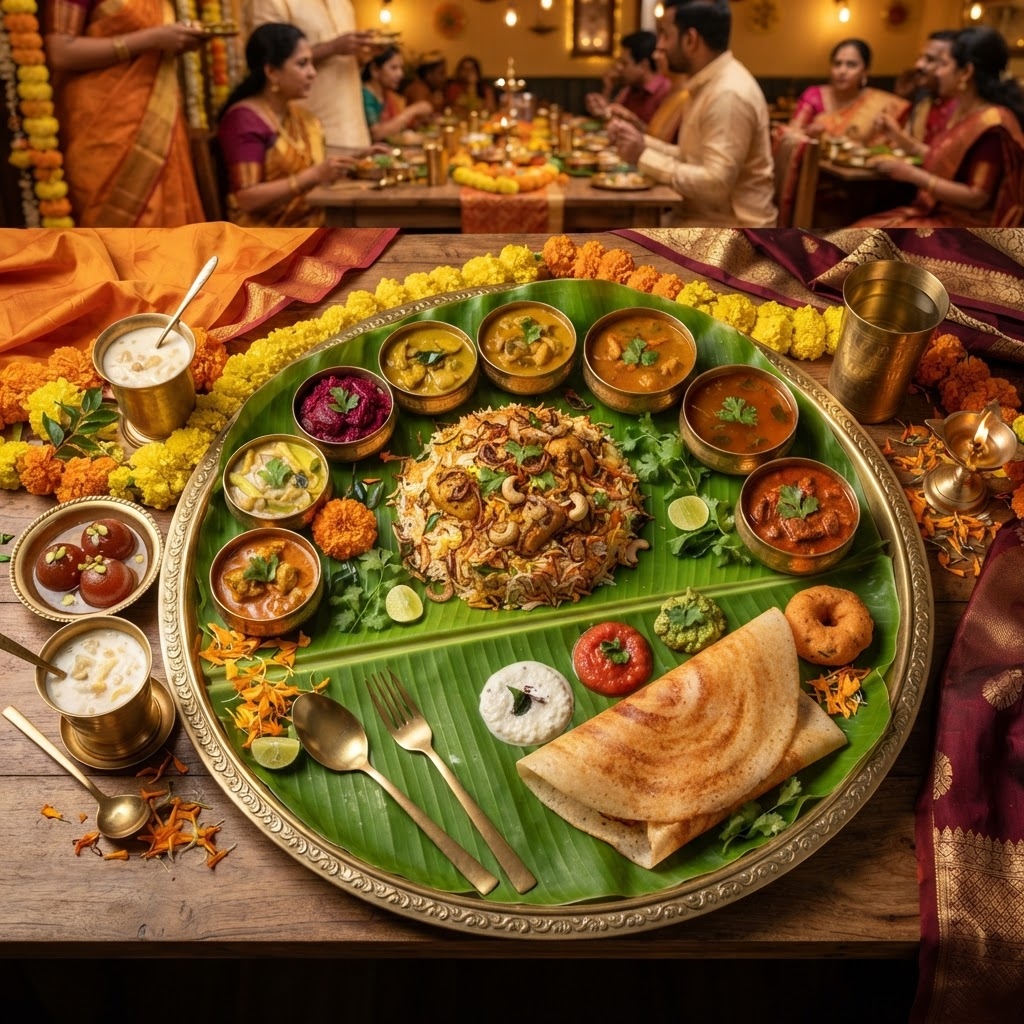 A lavish South Indian feast spread with biryani, curries and sweets