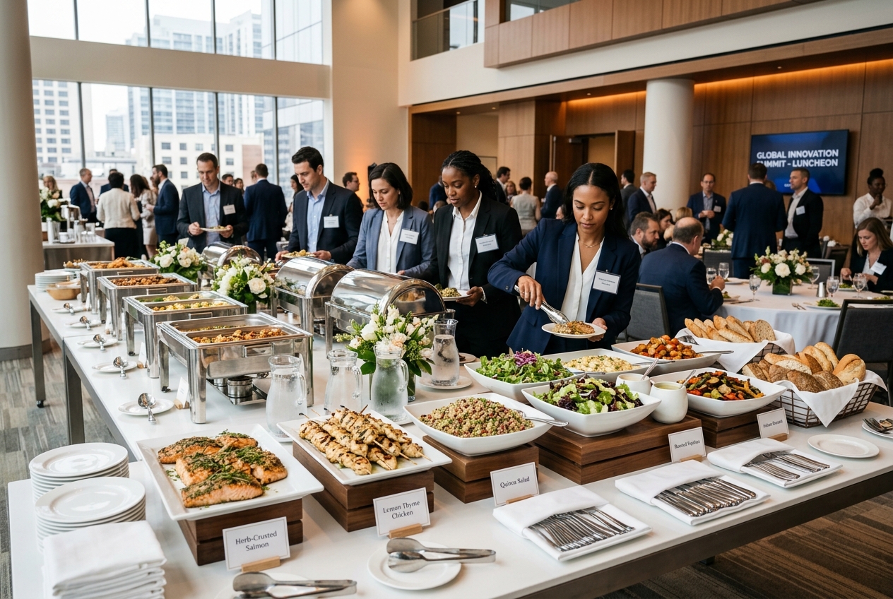 Professional corporate event catering buffet in a modern conference venue