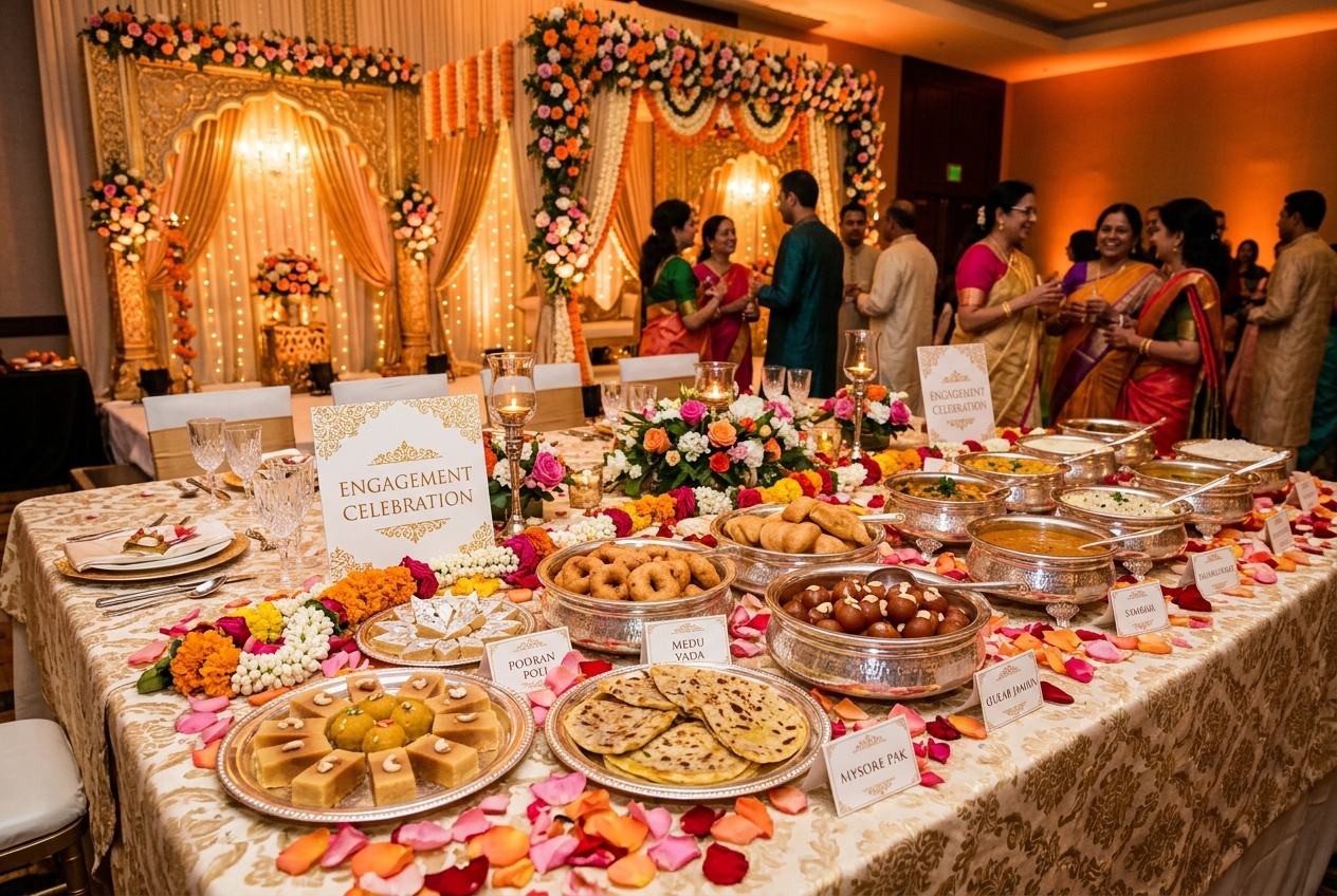 Traditional South Indian engagement celebration with floral decorations and catering spread