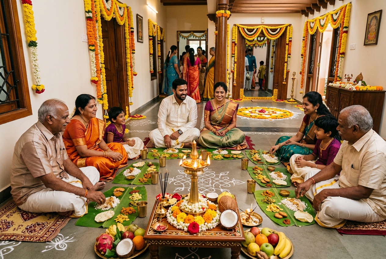 Traditional South Indian Gruhapravesam housewarming ceremony with family seated for banana-leaf meal