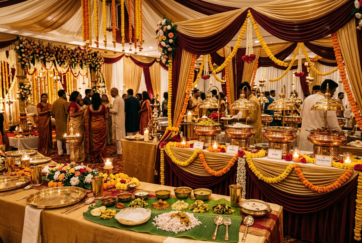 Elegant Indian wedding catering and reception dining setup with brass chafing dishes and marigold decorations